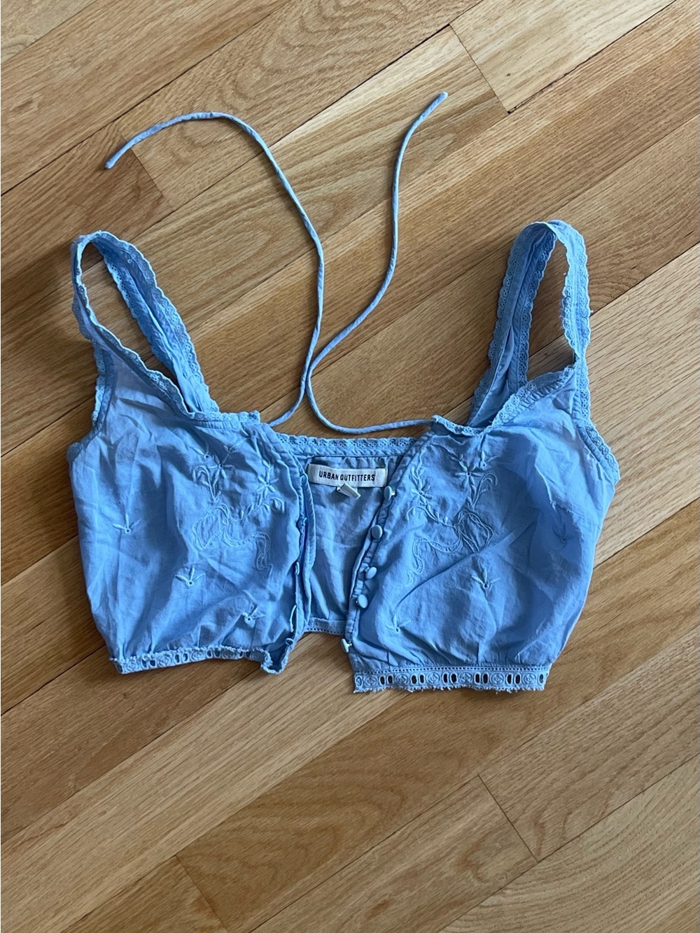 Urban Outfitters Sky Blue Embroidered Button-Front Crop Top